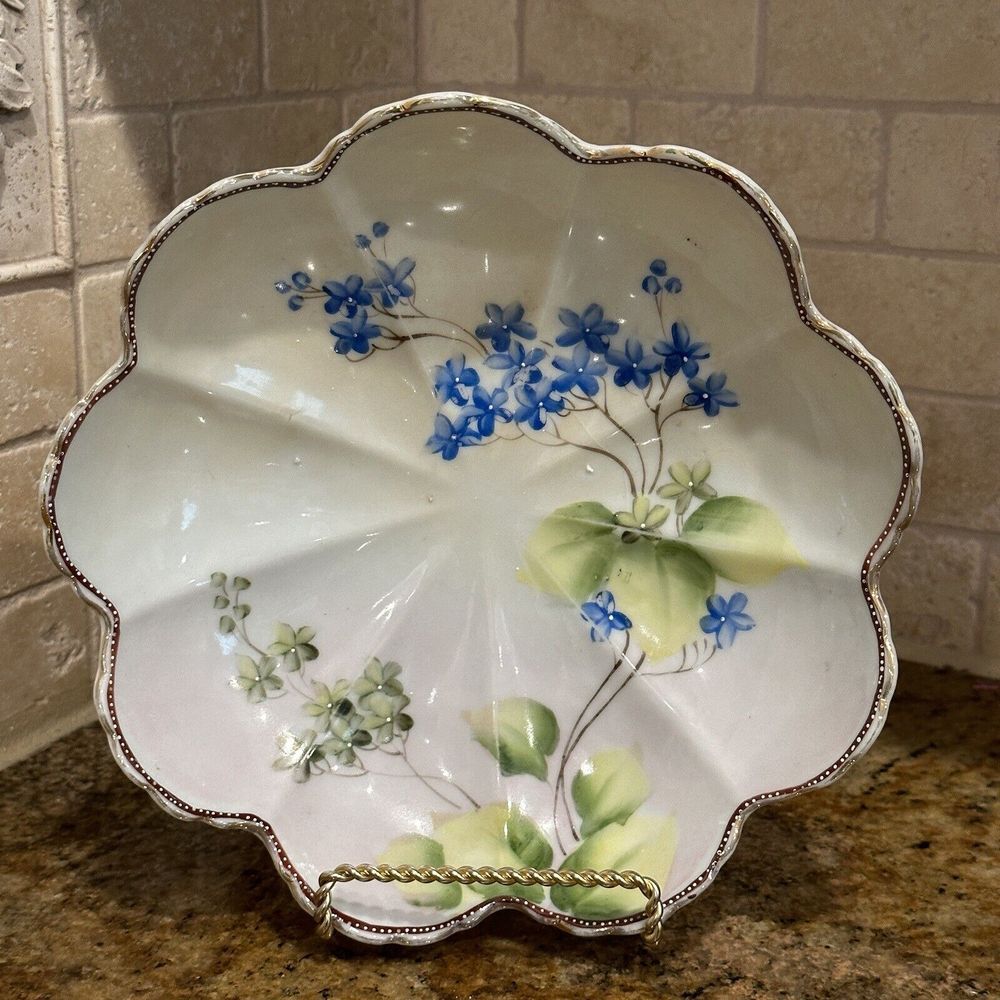 Nippon Bowl Hand Painted Floral Blossom Plants Scalloped Gilded Ceramic VTG 8.5"